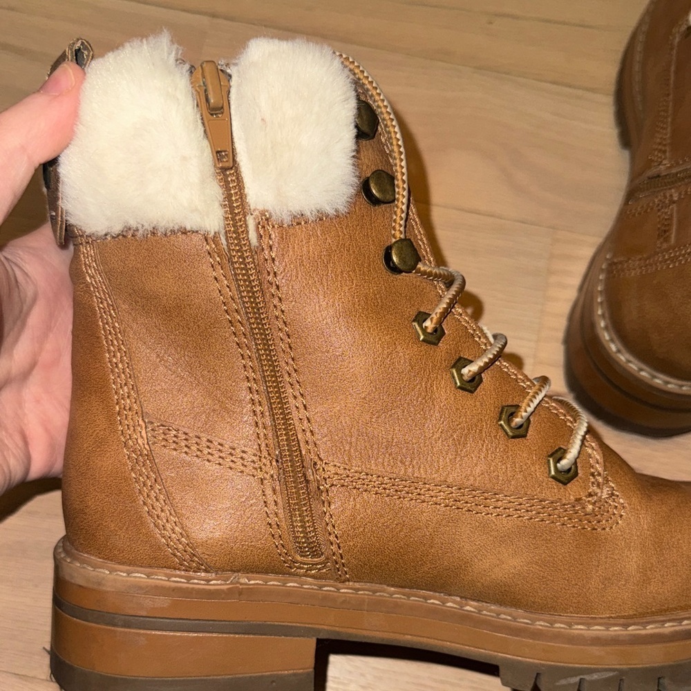 Madden Girl Cognac Lace-Up Faux-Fur Collar Boots - Picture 5 of 9